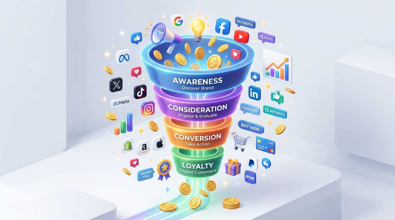 3D Graphic of a Marketing Conversion Funnel